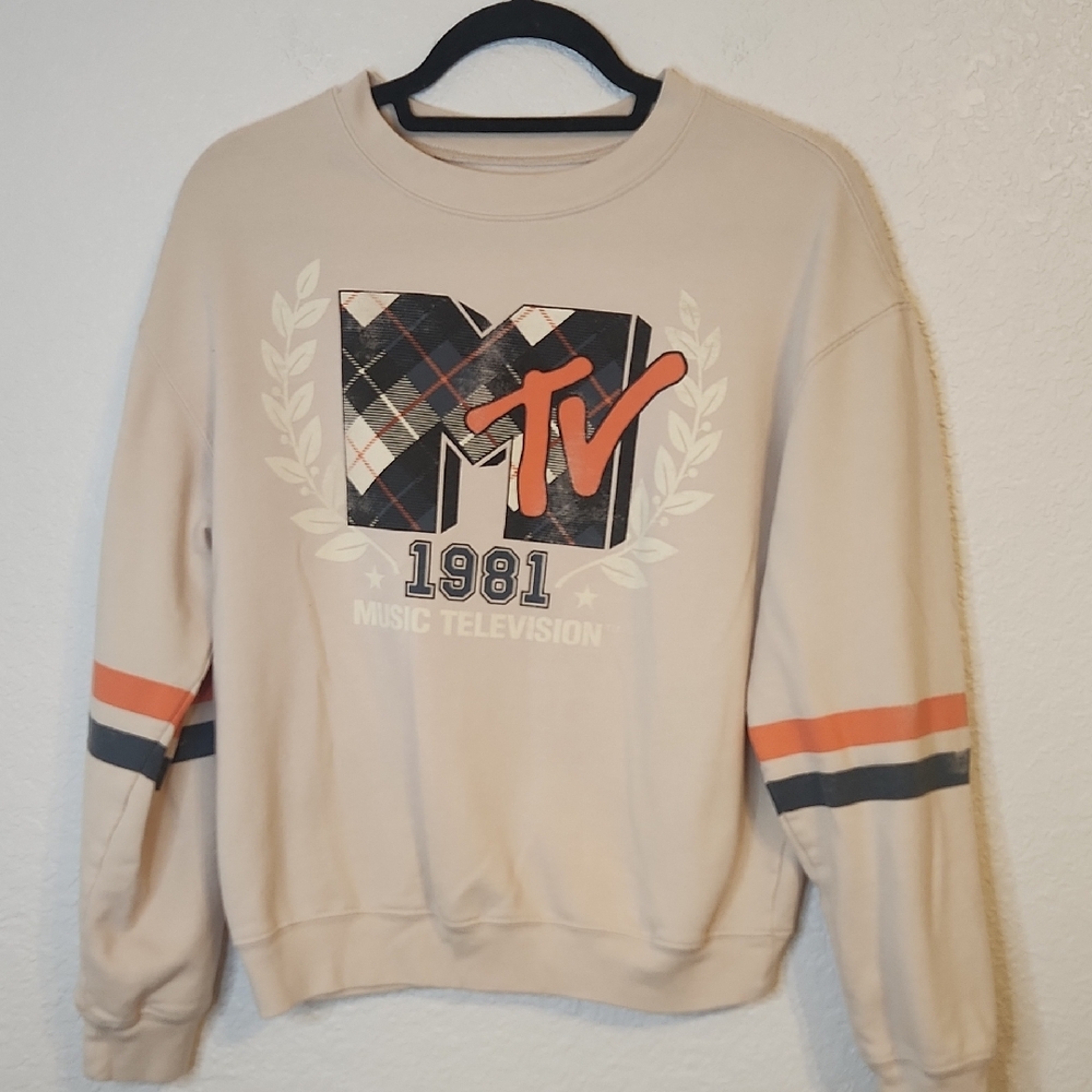MTV Sweater Sweatshirt Medium Cream S Small Long Sleeve Graphic Music Television - Picture 2 of 10